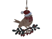 1 x Christmas Bird on Branch Hanging Decoration - White Breast OR Scarf