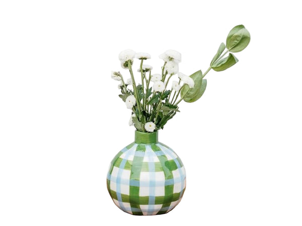 Bud Vase - Emerald Green & Cornflower Blue Gingham - Ball Shape - Noss & Co