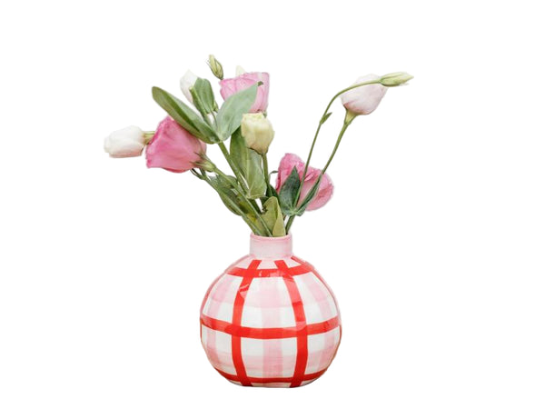 Round Bud Vase - Red and Pink Gingham - Ball Shape - Noss & Co