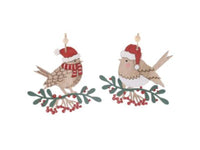 1 x Christmas Bird on Branch Hanging Decoration - White Breast OR Scarf